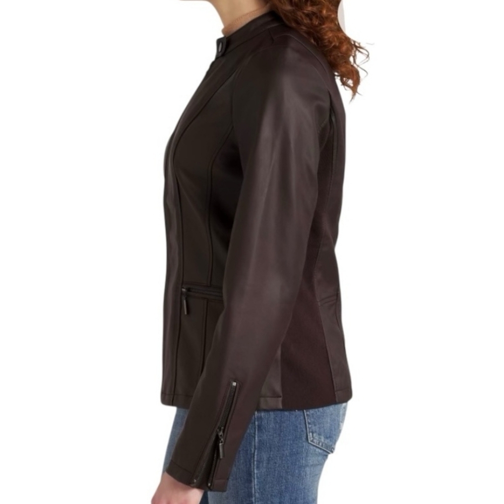 NEW Mo-Ka Faux Leather Jacket Lined Zip Pockets Chocolate Burgundy Plum Small - Picture 16 of 16